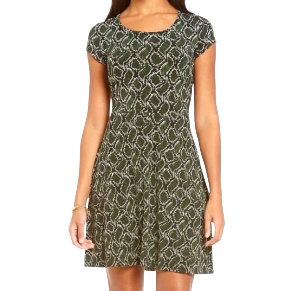 MICHAEL KORS A-Line Knit Dress GREEN BLACK WHITE Snakeskin Print Gold Zipper S